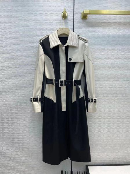 

women's leather & faux runway design luxury 100% sheepskin long jacket women 2021 fashion real color patchwork belt coat outwear, Black