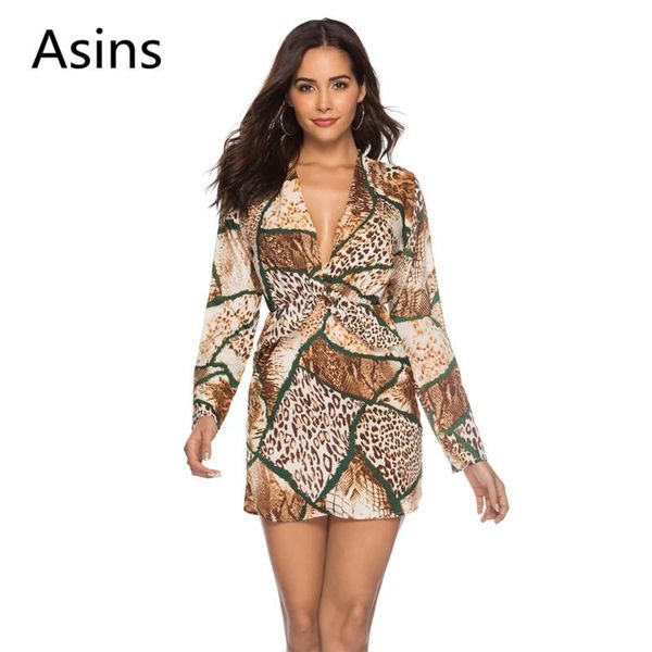 

casual dresses asins dress women 2021 spring summer fashion deep v neck high waist snake printing long sleeve wild, Black;gray
