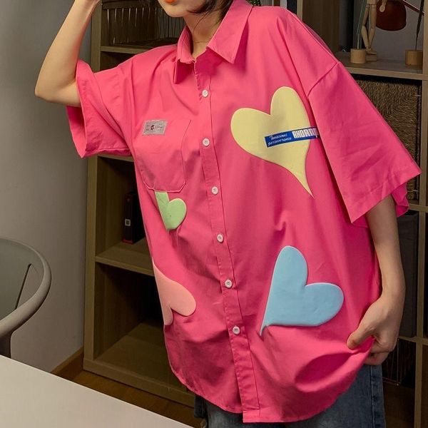 

women's blouses & shirts houzhou summer hip hop shirt women oversize aesthetic harajuku pink girls short sleeve korean fashion heart pr, White