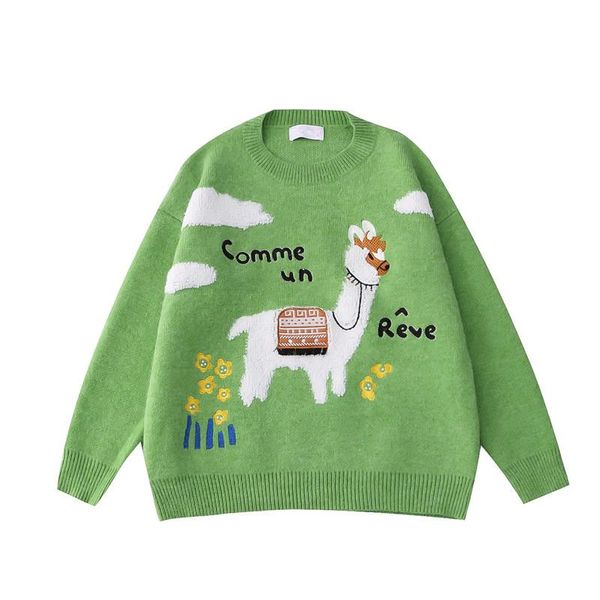 

women's sweaters harajuku fruit green cute cartoon alpaca embroidery o-neck pullover autumn warm sweater long-sleeved knitted top, White;black
