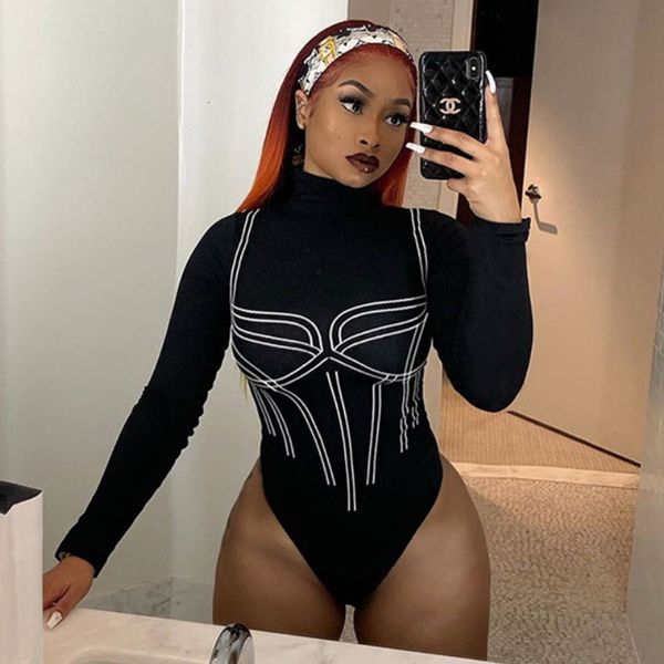 

jumpsuits & rompers europe america autumn and winter fashion designer slim women's personalized print high collar long sleeve jumpsuit, Black;white