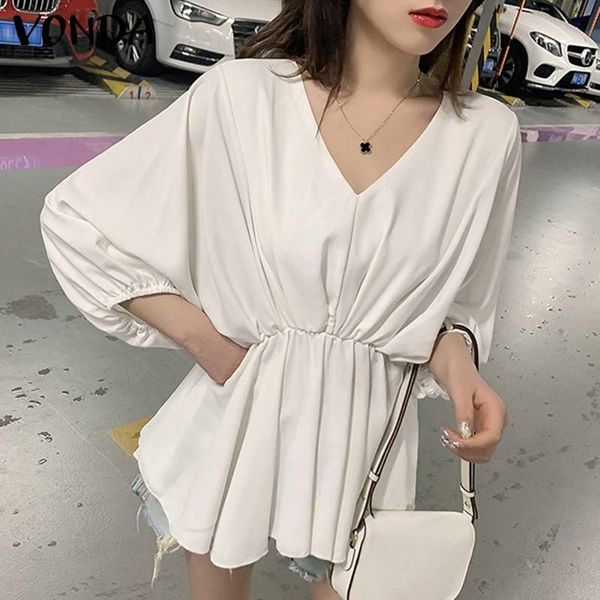 

women's blouses & shirts summer vonda women 3/4 sleeve v neck pleated blouse loose solid blusas femininas plus size bohemian party str, White