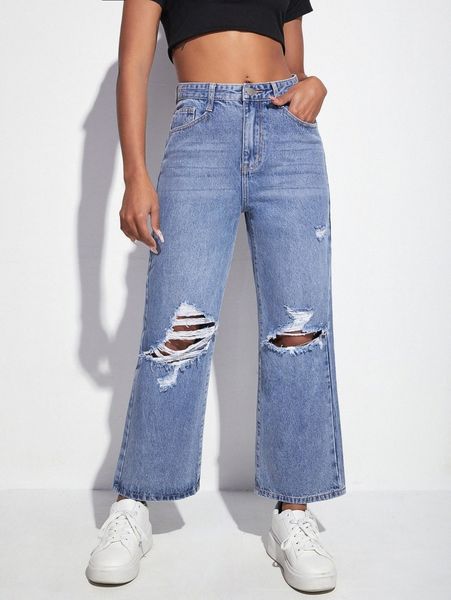 

ripped wide leg cropped jeans f36e#, Blue