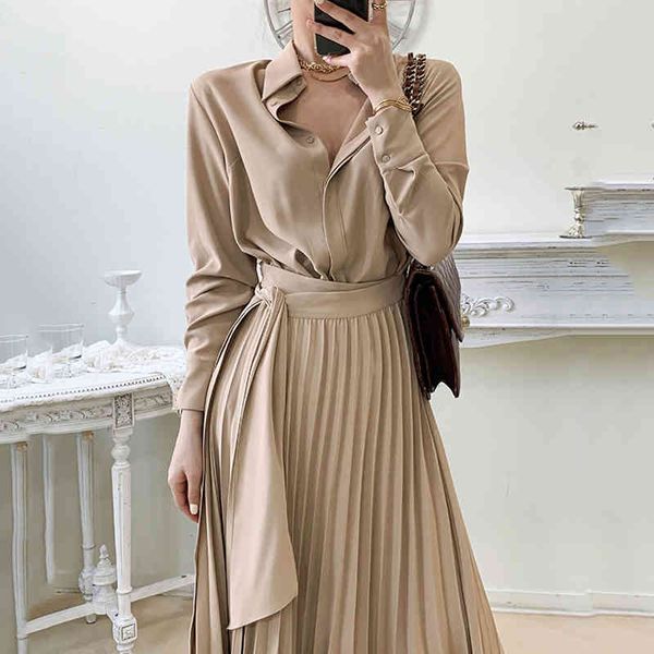 

autumn retro solid turn down collar one-piece lace-up pleated full dresses women 210421, Black;gray