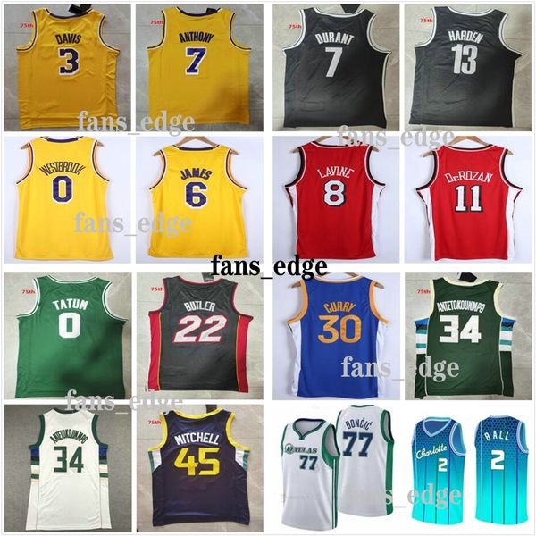 

new 75th basketball jerseys lebron 23 6 james anthony davis russell 0 westbrook 7 carmelo donovan jayson 45 mitchell tatum luka 77 lamelo 2, Black;red