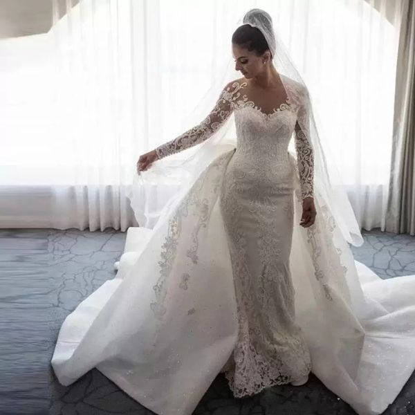 Steven Khalil Manga Longa Sereia Vestidos De Casamento com Laço Destacável Trem 2022 Laço Appliqued Jardim Capela Vestidos De Casamento Grupo Pescoço Vestidos de Novia