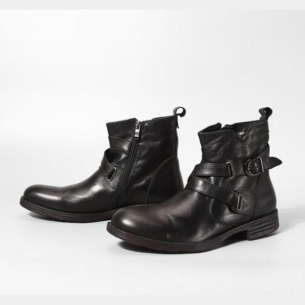 

boots retro side zip genuine leather ankle men black brown round toe motorcycle boot business casual buckle booties