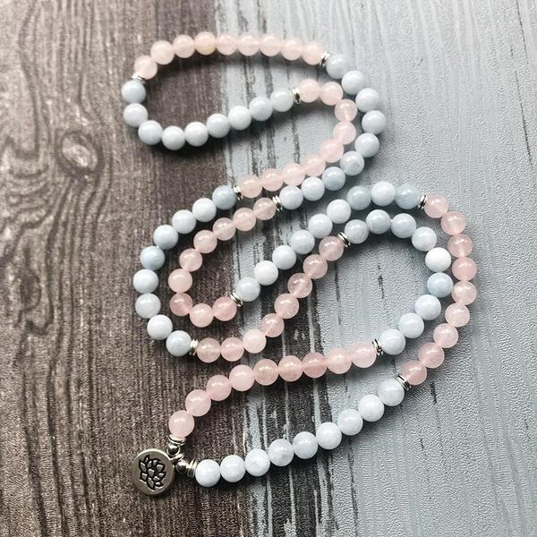 

tennis design 108 prayer beads om lotus bracelet and necklace 8mm a-quamarine & rose q-uartz healing meditation mala jewelry, Golden;silver