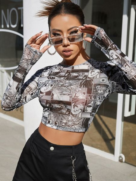 

pop art print mesh crop m08u#, White