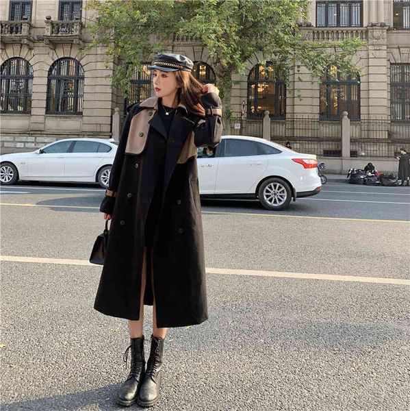 

women's trench coats france vintage double breasted solid jacket simple classic long trench coat with chic female belt, Tan;black
