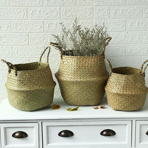 

storage baskets handmade bamboo foldable laundry straw patchwork wicker rattan seagrass belly garden flower pot