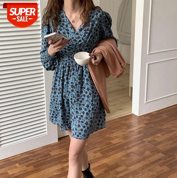 

huang zheng retro floral v-neck long-sleeved dress female korean version was thin and temperament age-reducing skirt l88547 #b310, Black;gray