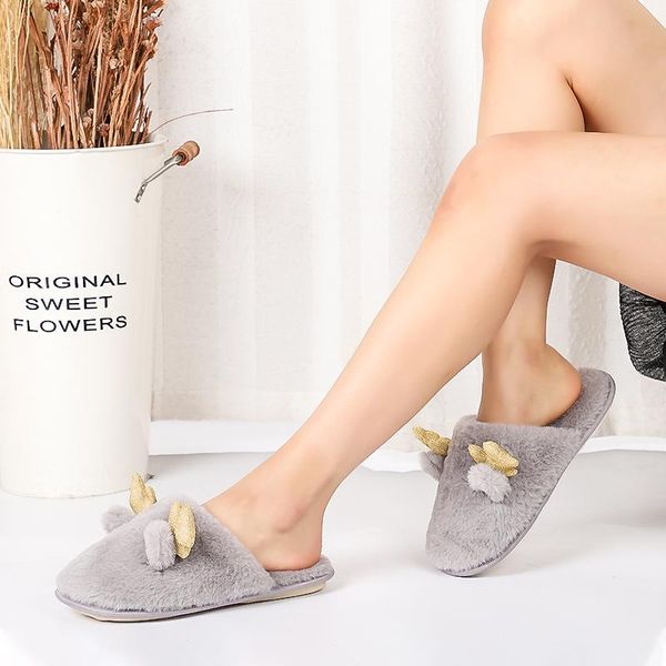 

slippers girl girls winter home warm fur integrated pink gray white with antlers non-slip shoes, Black
