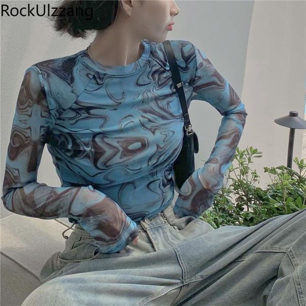 

graffiti tie dye graphic dark fashion harajuku long sleeve stretch mesh crop streetwear t shirt bandage t-shirt korean women's, White