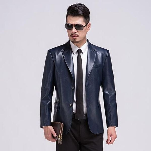 

men's fur & faux autumn fashion real leather slim fit business coats sheep skin casual blazers outwear male button long sleeved, Black