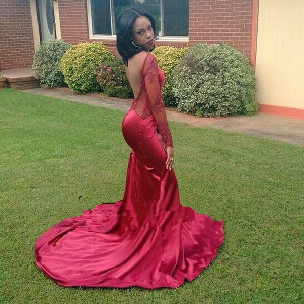 

evening dresses vestido de formatura o neck appliques backless burgundy long sleeve festa court train satin party gowns, Black;red