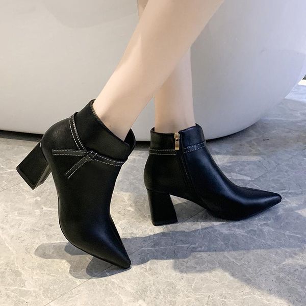 

boots 2021 black winter women shoes woman leather bow knot zipper high heels pointed ankle botas mujer