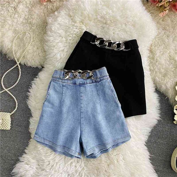 

casual blue shorts jeans women's bottoms summer high-waist wide-leg chain shorts students loose female trend 210420, White;black