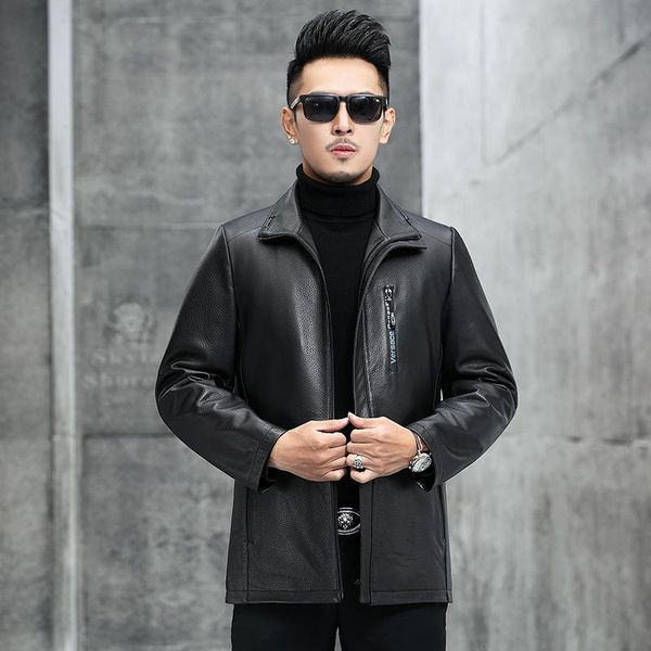 

men's leather & faux spring and autumn style deer pattern head layer sheep skin jacket mid-length trench coat with lapel co, Black