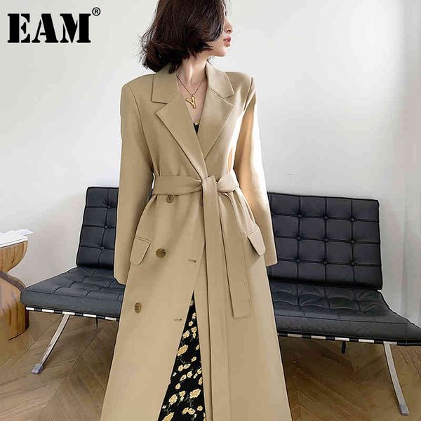 

[eam] women khaki double breasted trench lapel long sleeve loose fit windbreaker fashion spring autumn 1dd5910 21512, Tan;black