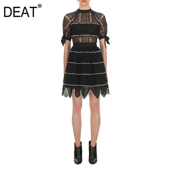 

[deat] summer fashion stand-up collar high waist short sleeve splicing temperament elegant dress women 13d201 210527, Black;gray