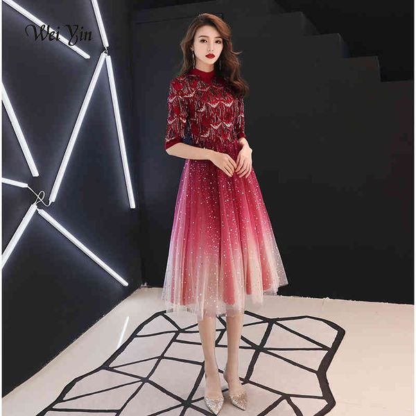 

party dresses weiyin half sleeves short evening dress wine red sequins high-neck formal wy1139 xyl7, White;black