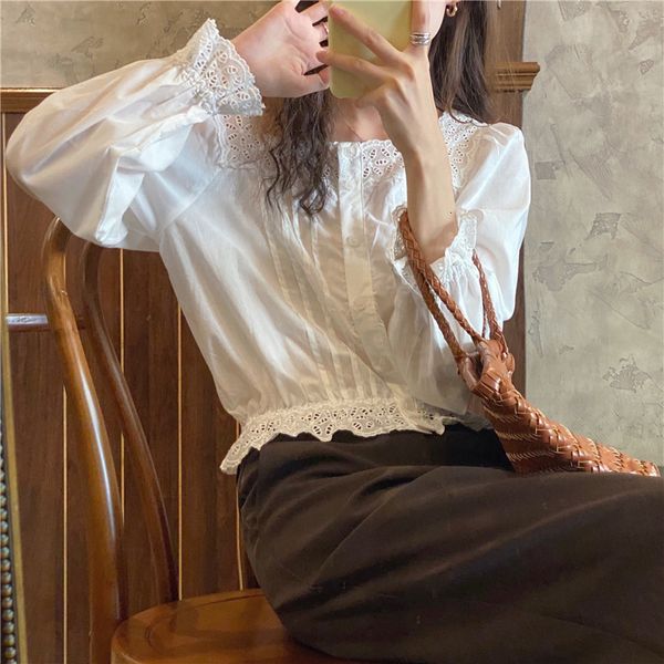 

blouses hollow out lace high waist chic sreetwear shirts women ol sweet patchwork square collar blouses, White