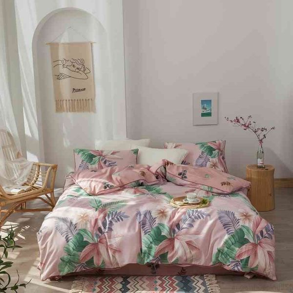 

4pcs 100% cotton soft  size tropical botanical leaves bedding set duvet cover 1 bed sheet 2 pillowcases