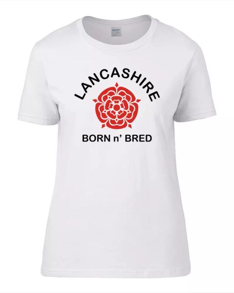 

lancashire born n' bred- regional pride women's t shirt, White;black