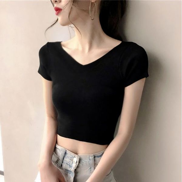 

2021s women t-shirt short style sleeve exposed navel v-neck black white skinny student wear summer clothes jacket women's