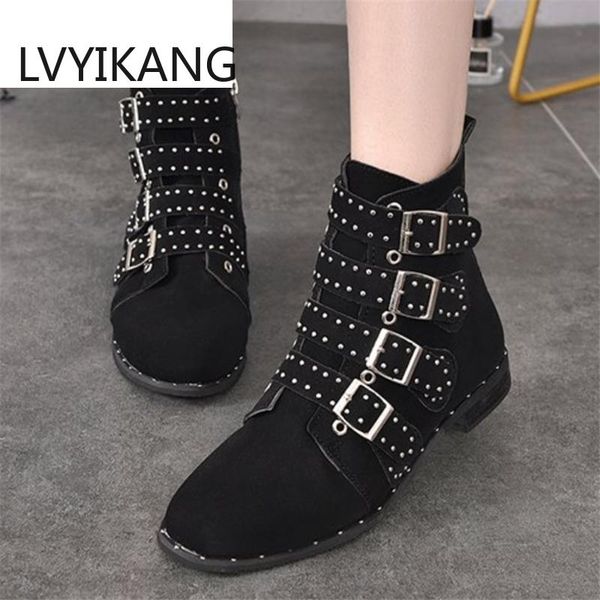 

boots 2021 winter warm ankle fashion buckles low heeled women black studded zipper leather botas mujer