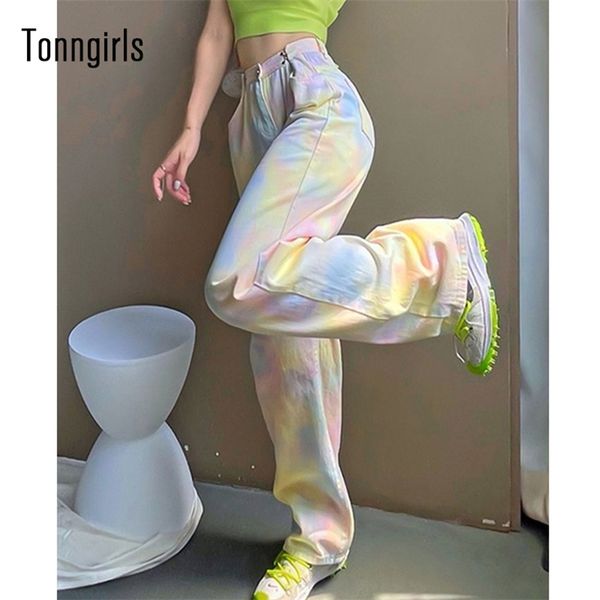 

tonngirls summer high waist jeans tie dye cotton denim pants women y2k vintage casual loose wide leg trousers female 210708, Blue