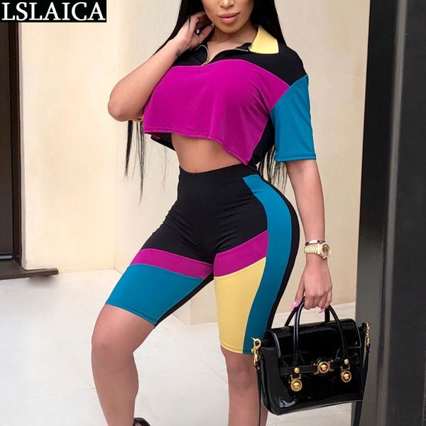 

colorful patchwork 2 piece outfits for women short sleeve &half pants causal elegant 2 set party club sets 210520, White