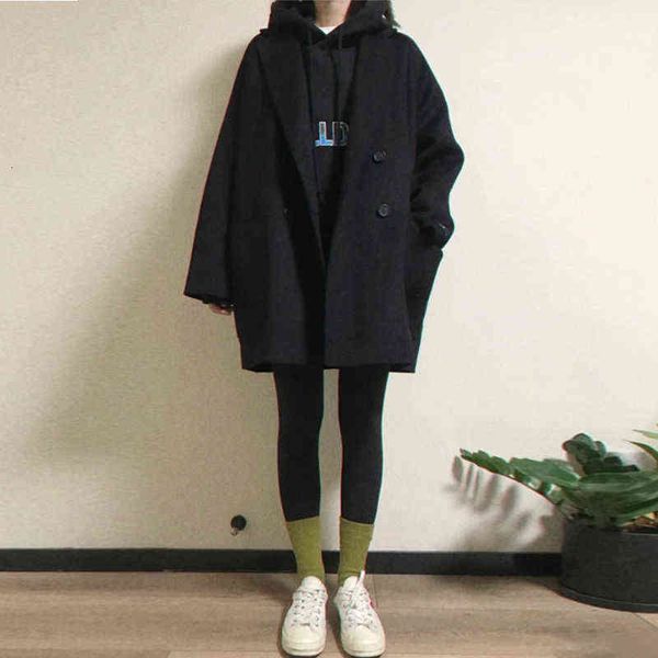 

woolen coat women's autumn and winter korean version plus cotton thickened medium long suit collar small man style tide, Black