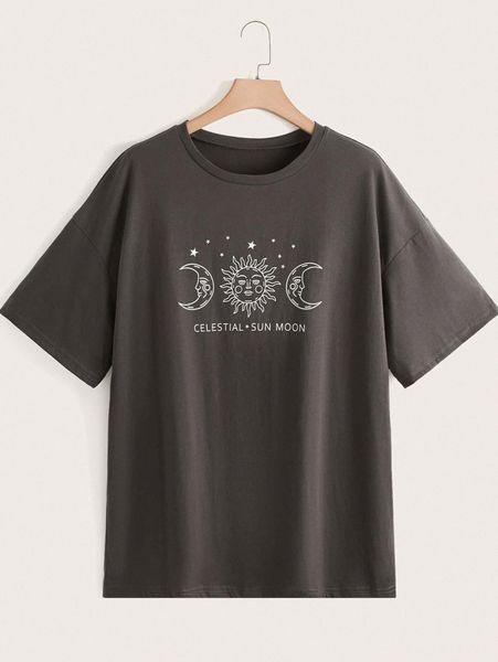 

plus sun & moon print drop shoulder tee d8mw#, Black