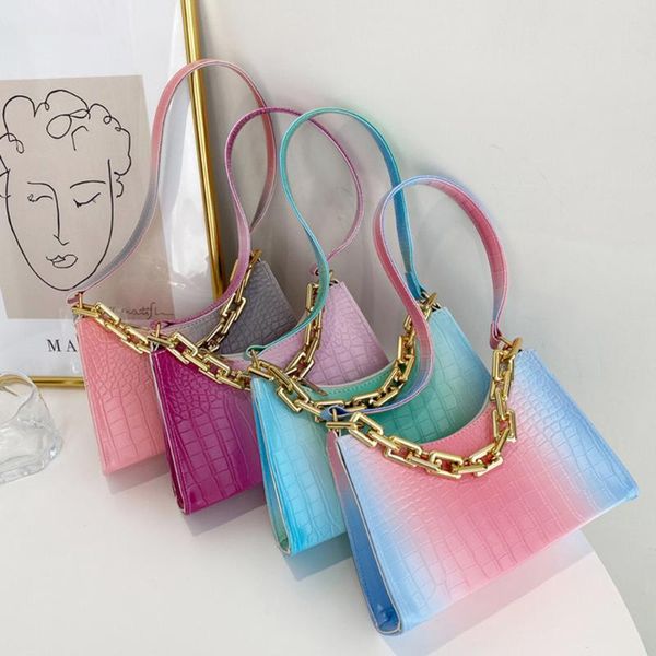 

evening bags 2021 women's gradient color small shoulder alligator pattern pu leather underarm female thick chain and purses