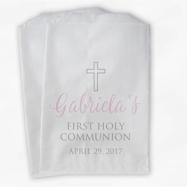 

gift wrap custom first communion favor bags - baptism or religious party baby pink and gray paper treat