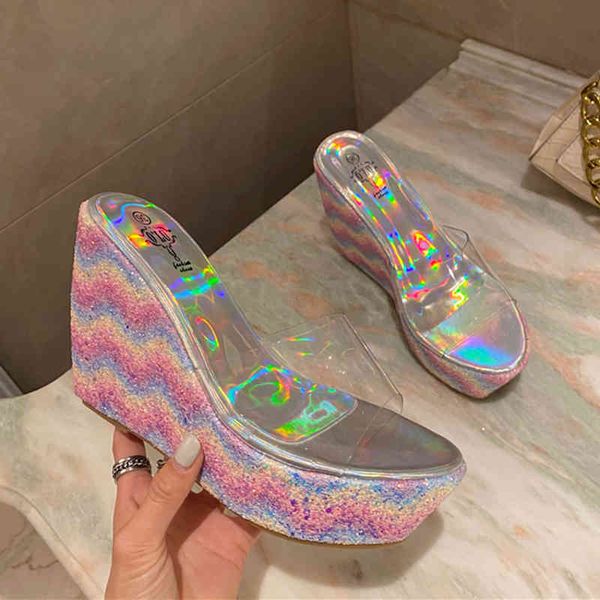 

slippers lucyever summer clear pvc wedge high heel women laser colorful bottom sandals outdoor fashion slides flip flops 2zab, Black