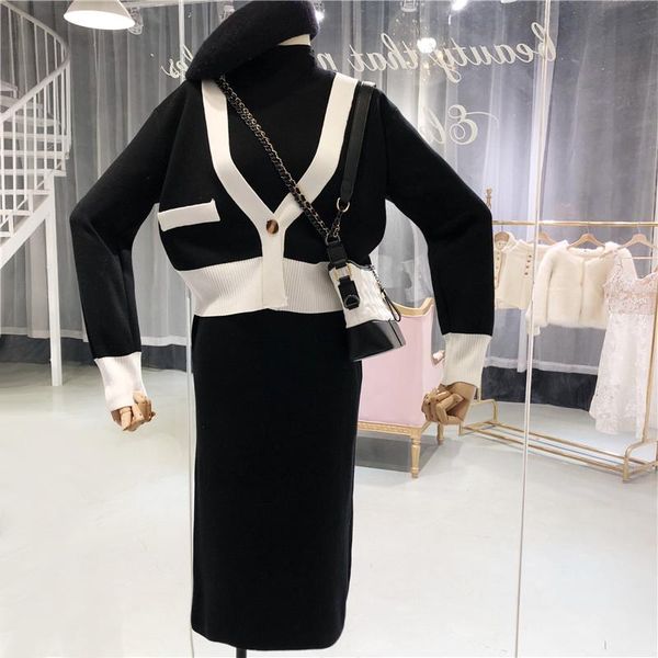 

casual dresses amolapha women knit single button sweaters skirts sets elegant woman knitted skirt clothing, Black;gray
