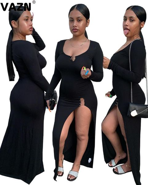 

casual dresses vazn fashion 2021 summer lady black solid floor-length dress full sleeve o-neck skinny side high vent, Black;gray
