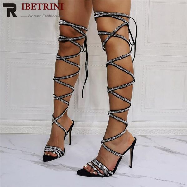 

sandals ladies open popined toe sliver bling ankle strap lace up for women high heels party stiletto summer club shoes, Black