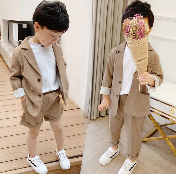 

kids clothing sets boys lapel long sleeve blazers outwear+double pocket pants 2pcs children performance outfits boy clothes a6895, White