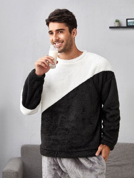 

men two tone teddy pajama sweatshirt o5k8#, Black;brown