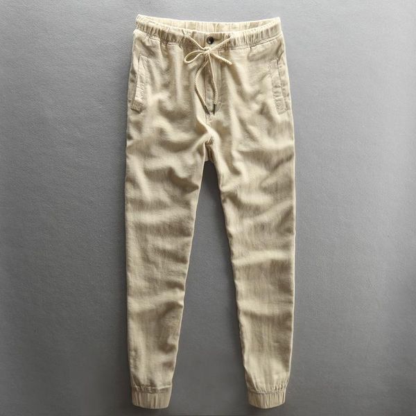 

men's pants summer full length cotton linen lightweight elastic waist harem men beige blue black causal trousers male