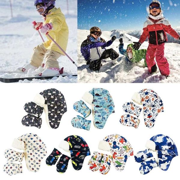 

children's mittens toddler kids winter warm 2 pieces trapper hat and mitten set waterproof cartoon animal print plush lined earflap bea, White