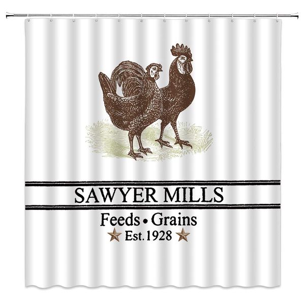 

rooster and chicken shower curtain miller farm charcoal poultry animal feeds grains decor rustic art,fabric bathroom set hooks