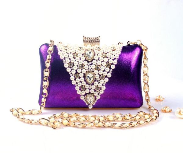

women purple pearl chain dinner bag for cocktail party ladies golden handmade embroidered bead clutch purse bridal handbag evening bags
