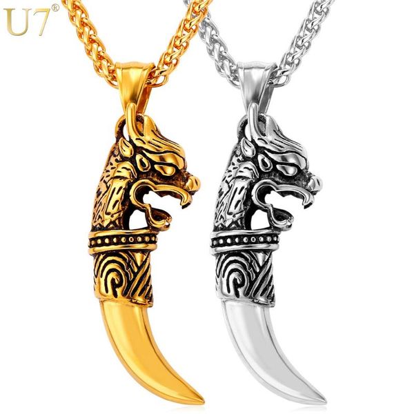 

pendant necklaces u7 dragon teeth necklace men chain retro punk jewelry trendy gold color stainless steel charm & wholesale p845, Silver