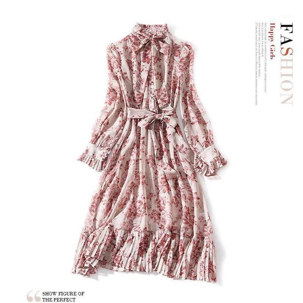 

spring stand collar lace up rose print long sleeve waist pleated ruffle two piece dress for women casual dresses, Black;gray