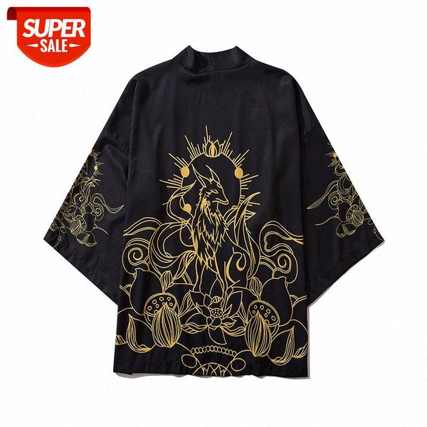 

japanese ukiyo-e dark unicorn print road gown men's and women's casual cardigan short-sleeved shirt #740w, White;black